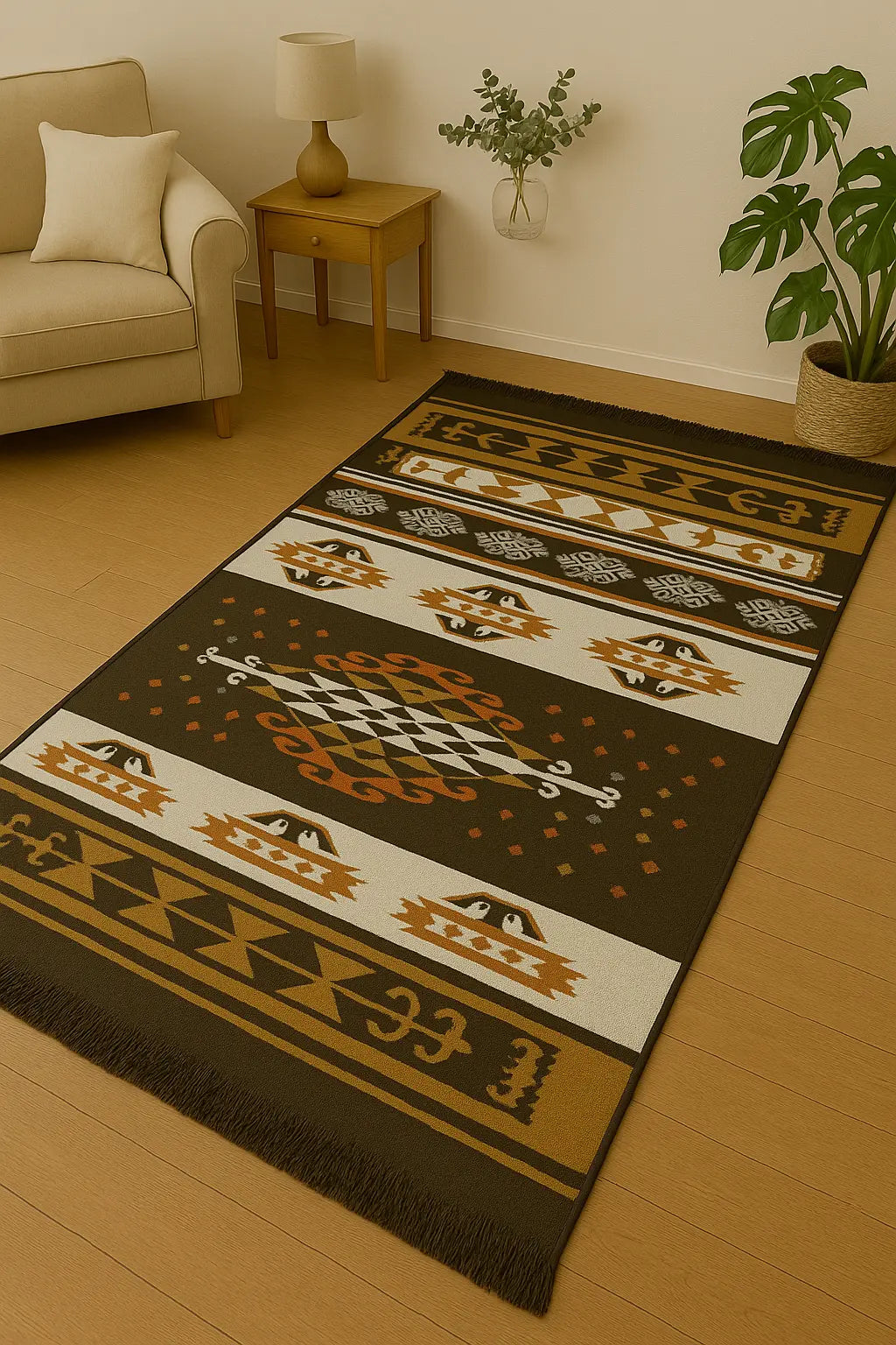 Diseño anatolio clásico en alfombra turca étnica rectangular.
