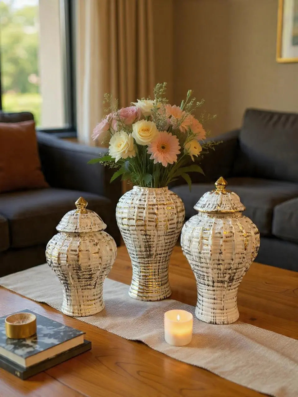 Set de Ánforas Decorativas Dorado Blanco