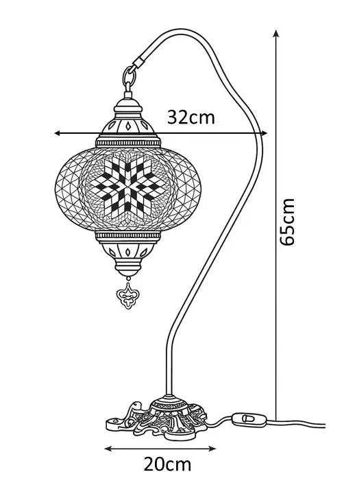 Lámpara de mesa turca artesanal con brazo curvado y pantalla de mosaico, ideal para decoración oriental.