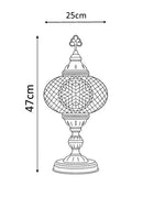 Lámpara turca de mesa con pantalla de mosaico espejado y base blanca metálica, perfecta para decoración oriental.