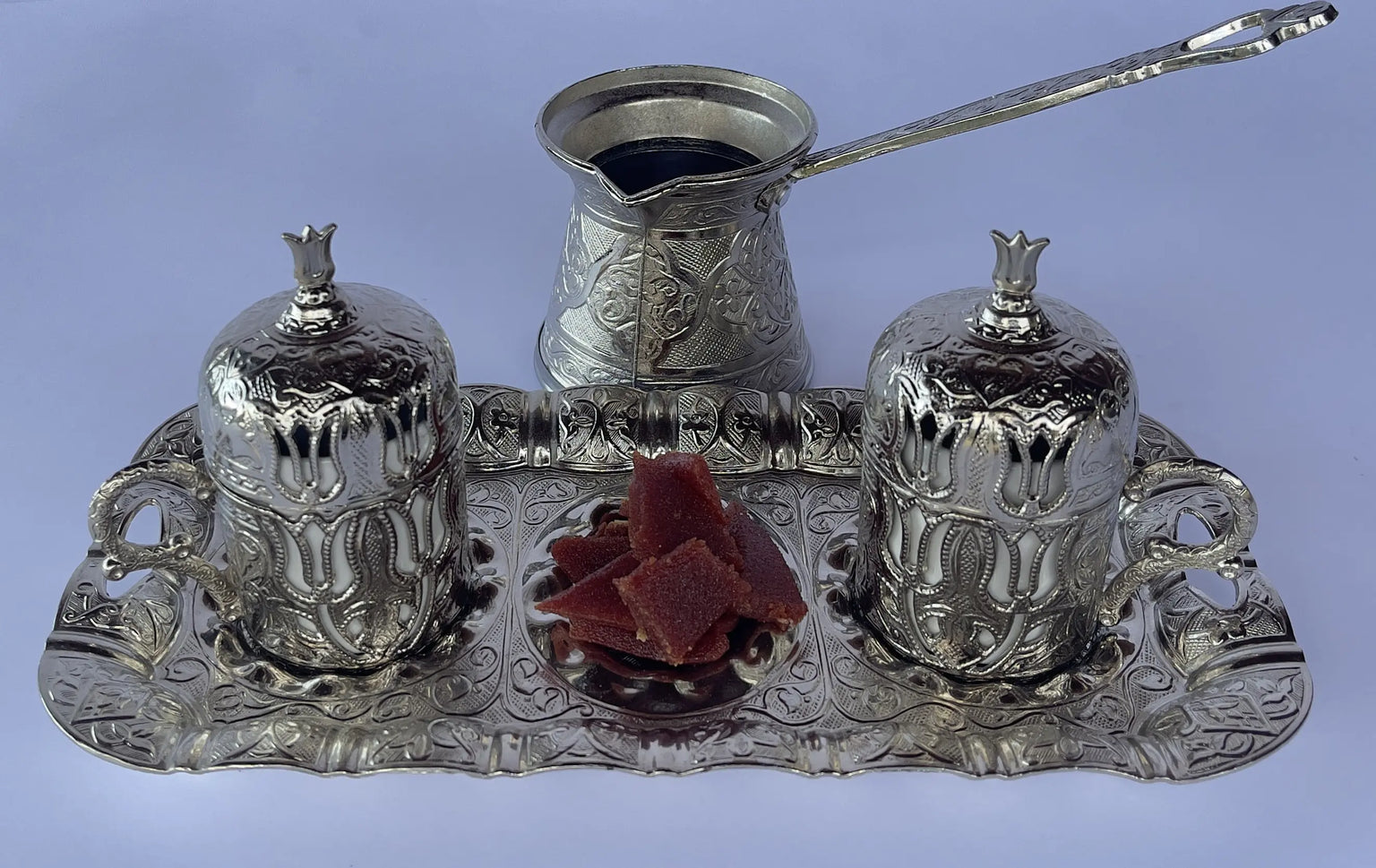 Juego de Café Turco Clásico — Hecho a Mano en Metal Grabado