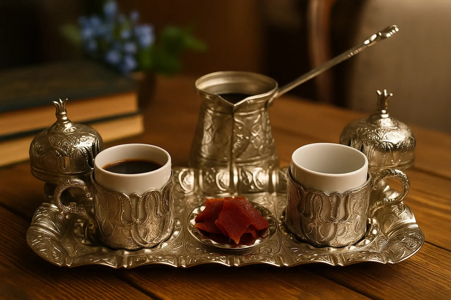 Juego de Café Turco Clásico — Hecho a Mano en Metal Grabado