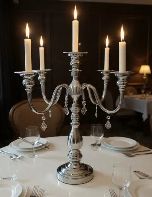 CANDELABRO DE METAL PLATEADO DE 5 VELAS